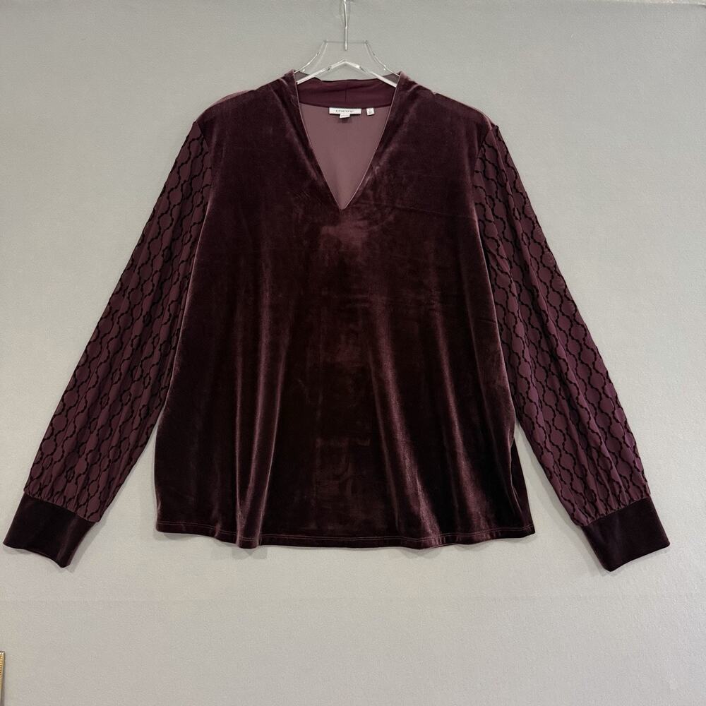 Chico's Velvet Top Size 4 US XXL Burgundy V-neck Sheer Long Sleeve Elegant